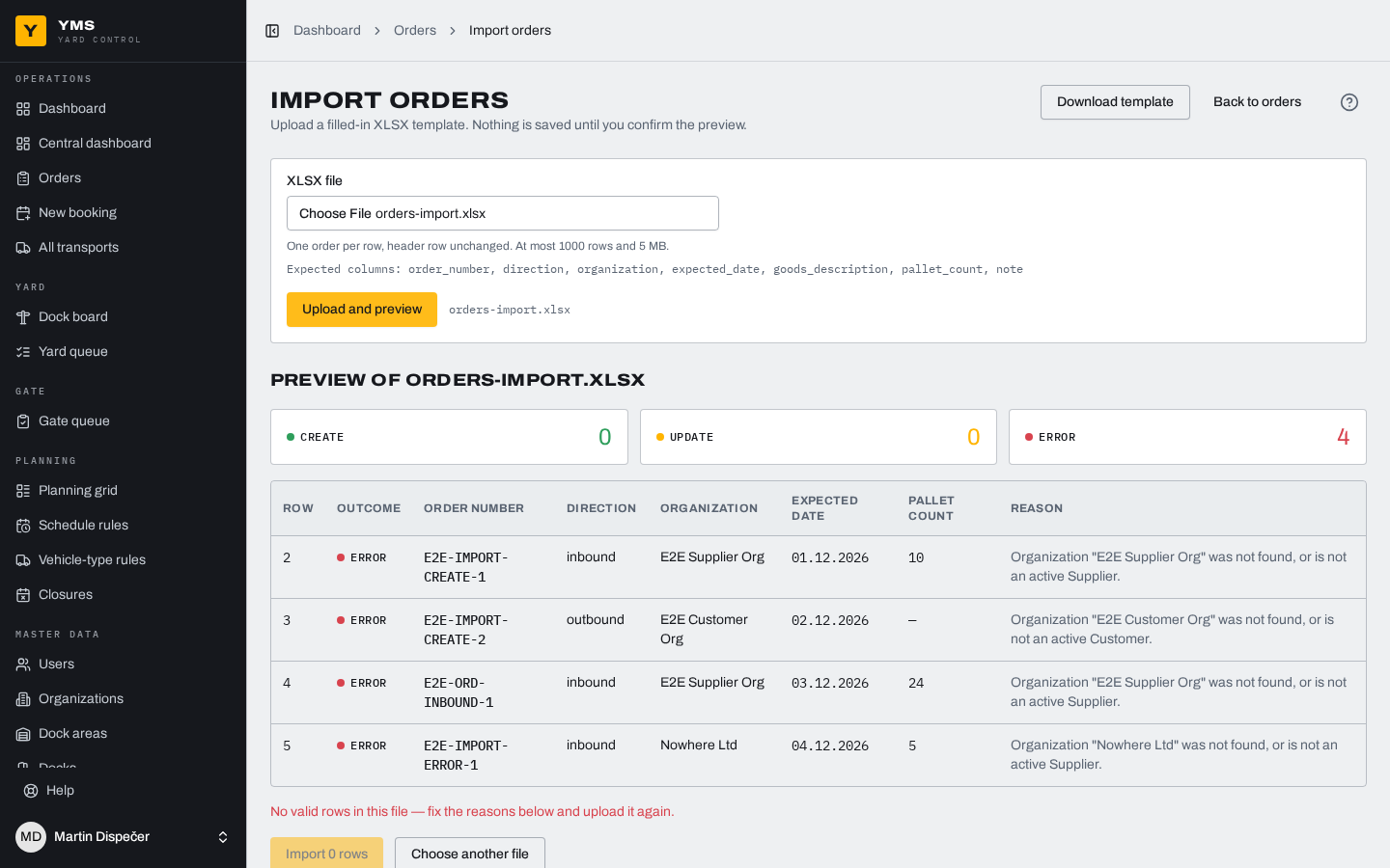 Import preview, before the write.