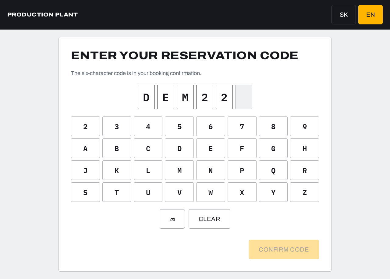 Kiosk: entering the code on a touch screen.