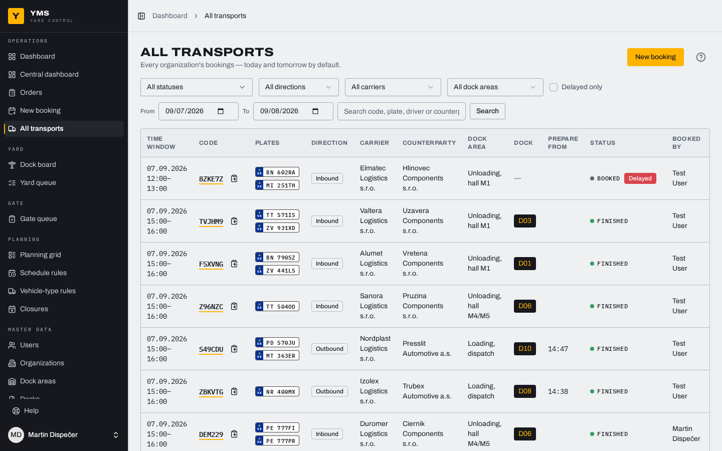 Transport list with late and No-show badges.