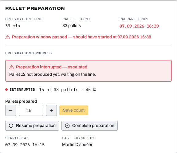 Interrupted preparation, escalated to the dispatcher.