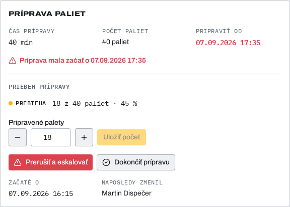 Priebežný stav prípravy paliet: hotových 18 zo 40.