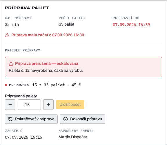 Upozornenie dispečera na prerušenú prípravu.